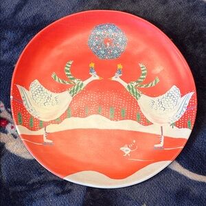 By Anthropologie Festive Holiday Plate with Geese Ice Skating w/ a Mouse Design